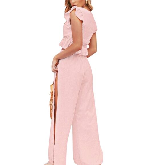 Fancyinn 2-Piece Summer Set | Pink Ruffle Crop Top & Side Slit Wide Leg Pants-M - Picture 2 of 10